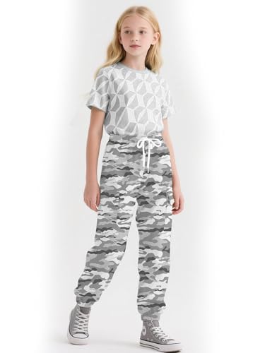 Image of Cromoncent Girls Cargo Pants Elastic Waist Lightweight Outdoor Jogger Pants, Gray White Camo 7-8 Years