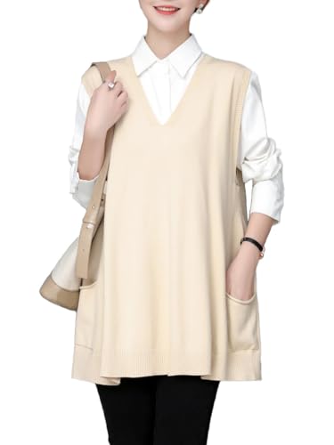 Image of jinghuiyue Women's Oversized Sweater Vest Fall V Neck Sleeveless Pullover Sweater Loose Knitted Tunic Tops with Pockets