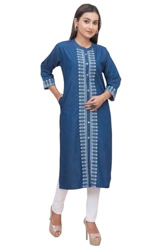 ANMOL FASHION Women's Denim Kurti with Embroidery, 3/4 Sleeve, Traditional Indian Style (Blue K - 684) (in, Alpha, 4XL, Plus, Blue)