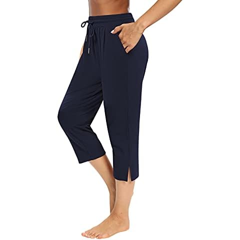 Sarin Mathews Womens Capri Yoga Pants Loose Workout Joggers Drawstring Sweatpants Lounge Pajama Capris Pants with Pockets Navy XL Cover
