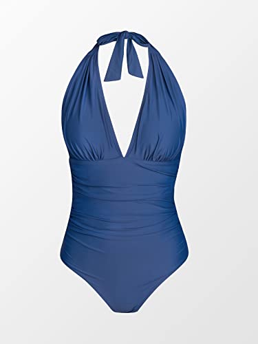 Image of CUPSHE Women Deep V Neck One Piece Halter Swimsuit | Backless,Ruched,Tummy Control,Soft Removable Cups,Flattering Bathing Suit For Vacation And Beach