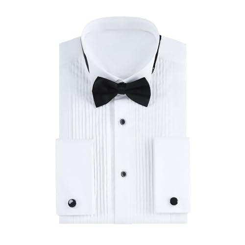 Gollnwe Men's Tuxedo Shirt Wing Collar French Cuff Dress Shirt for Men with Cufflinks and Bow Tie White L