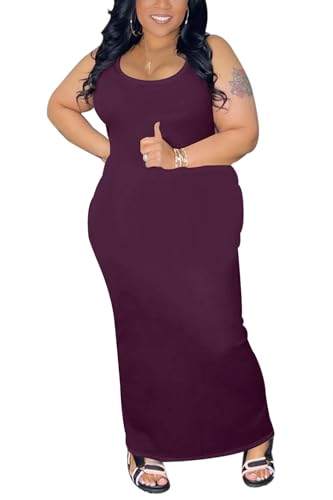 Image of YeGine Women Plus Size Sleeveless Bodycon Maxi Dresses Sexy Slim Tank Dresses