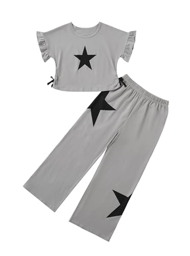 Image of Girls 2 Piece Outfits Star Print Ruffle Sleeve Tops and Wide Leg Pants Set Summer Clothes