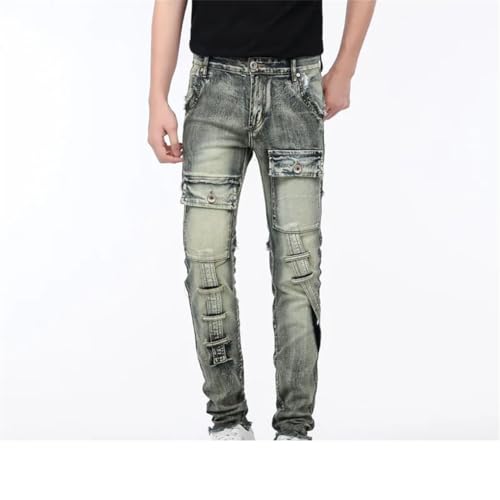 Men's Multi-Pocket Motorcycle Retro Distressed Color Personality Slim Fit Stitching Jeans3
