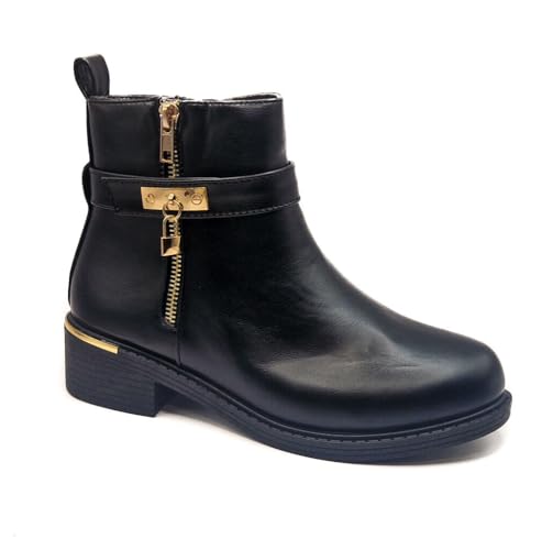 Renna Womens Black Ankle Boots Wide Fit Winter Ankle Zip Up Heel Gold Detail Ladies Shoes Black Size 5
