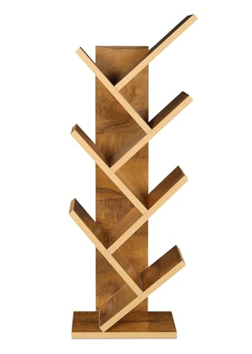 Image of SBF Furniture Modern Tree Shape Wood Bookcase, 7-Tier Book Rack, Storage Rack Shelves in Living Room, Free-Standing Books Holder Organizer, Space Saver for Home, Office, Set of 1 (DIY) (Yellow)