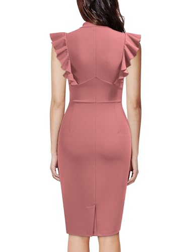 Image of Knitee Women's Vintage Ruffle Sleeve V-Neck Bodycon Evening Party Cocktail Pencil Sheath Dress