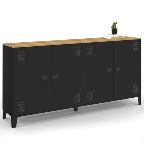 IDMarket – Aparador de 160 cm Ester 4 puertas de metal negro bandeja madera diseño industrial