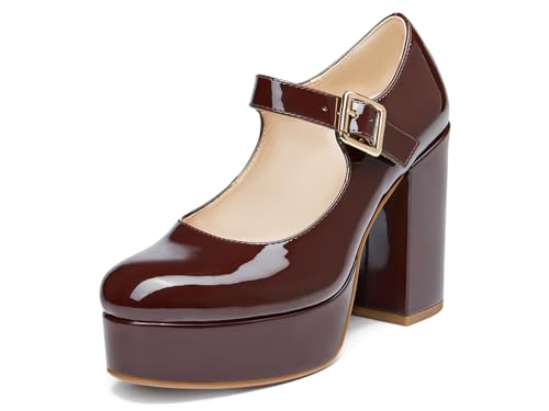 Image of Coutgo Womens' T-Strap Round Toe Chunky Platform Heels Patent Mary Jane Dress Shoes