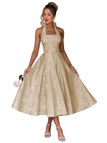 camftbo Jacquard Floral Satin Prom Dresses Formal Corset Ruched A Line Tea Length Wedding Guest Dress for Women Champagne Gold 10