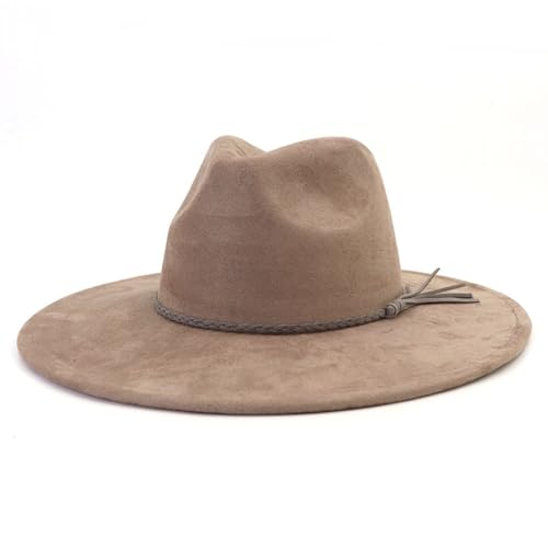 10 CM Large Brim Suede Fedora Hats Men Women Tassel Accessories Party Jazz Top Hat Ladies Mens Dress Hats (Cameo Brown One Size)