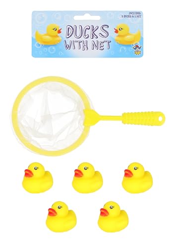 Henbrandt Mini Ducks with Net Bath Time Single Pack 6-Piece Game Set with 5 Ducks + 1 Net Kids Yellow Rubber Duck Toys Summer Fun Paddling Pool Games Bathtub Play for Boys and Girls