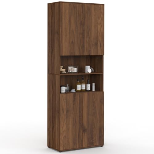 IDMarket - Meuble Armoire Colonne Salle de Bain TOMI 4 Portes 2 niches Effet Noyer