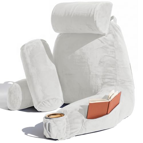 Image of Nestl Reading Pillow with Shredded Memory Foam Includes 2 Neck and Lumber Support Pillows, Designed for Sitting Up in Bed and Couch, Back and Arms Adjustable Support for Adult & Teens, White