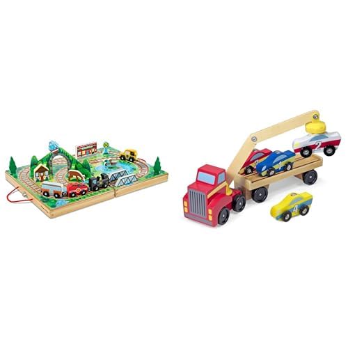 Melissa &amp; Doug Wooden Vehicle Play Bundle - Take-Along Railroad Tabletop Playset (17-Piece) with Magnetic Car Loader Set (4 Cars &amp; Semi-Trailer Truck)
