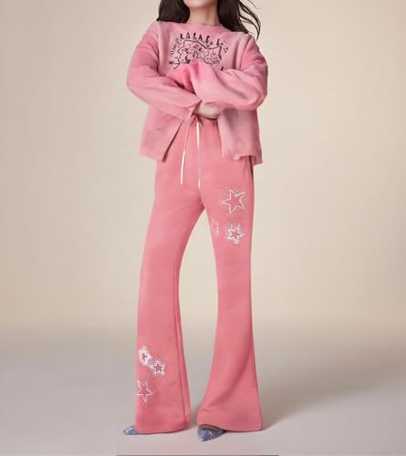 Image of BONVEN Womens Y2k Gothic Drawstring Flare Pants Streetwear Casual Star Rhinestone Low Rise Disco Pants Bell Bottoms