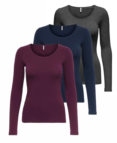 ONLY Damen Onllive Love Life LS Oneck Top, 3er Pack, Peacoat/DGM/Port Royale, XXL – Ansicht 1