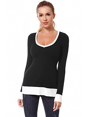 AmélieBoutik Women Color Trim V Neck Long Sleeve Pullover Knit Sweater Top2