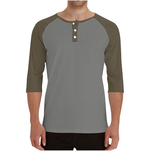 Camiseta Manga Larga Hombre Rebajas,Talla Grande Camiseta Deporte Hombre de Cuello Henley con Botones Casual Color Block Camisetas Básica Sueltos Cómoda Pullover Tops de Manga 3/4 Ropa Deportiva