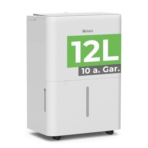 Woleix Deshumidificador 12l silencioso, Deshumificadores de Humedad grande, Deshumidificador electrico con desagüe, Cobertura 25m²/122m³ con Temporizador,10 a. Gar.