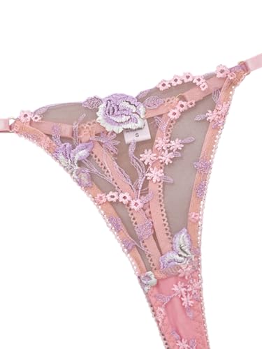 Image of Lilosy Sexy Leaf Floral Embroidered Mesh Sheer Belt Women Underwire Push Up Lingerie Set See Through Bra Panty 3 Piece Bloom Light Pink Medium