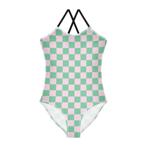 Image of Black and White Chess Girls One Piece Swimsuits Board Marble Tile Sport Halter Swimwear Beach Bathing Suit 3T