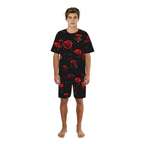 Ensemble pyjama homme imprimé rose rouge noir haut de gamme pour nuit élégante