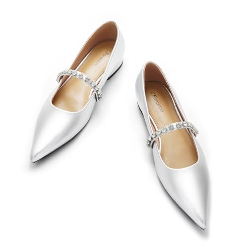 C.Paravano Crystal Strap Flats Pointed Toe Shoes Mary Jane Women's Flats for Dressy Office Causal (Size 8.5,Silver)