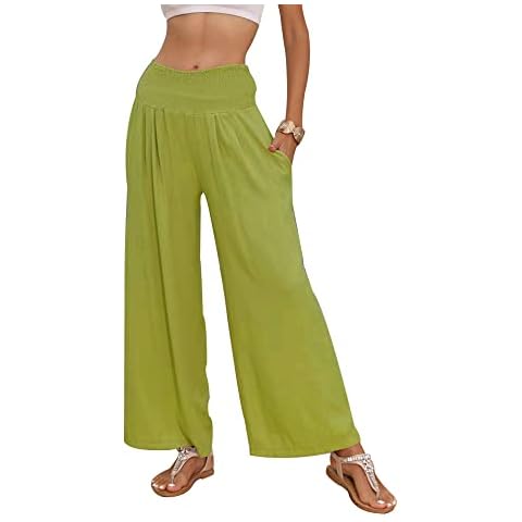 PEDEIECL Smocked Elastic High Waist Wide Leg Palazzo Lounge Pants Loose Comfy Casual Pajama Beach Pants with Pockets, Lemo Green, Medium Cover