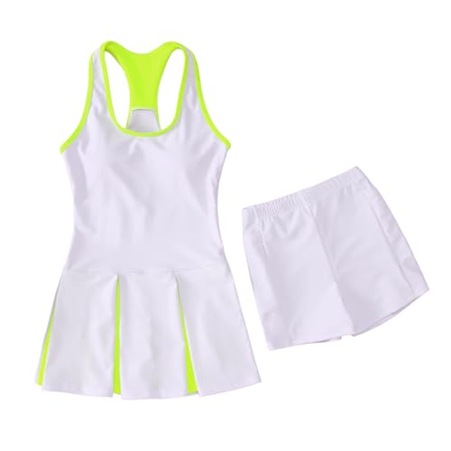 Girls Tennis Dress Golf Outfit Sleeveless Tank Top and Sport Skorts Set Pocket Kids Athletic Clothes with Shorts(White,6-8Y)