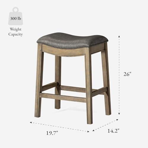 Image of Maven Lane Adrien Backless Counter Stool - Set of 2 - 26 Inches - Saddle Stool with Footrest - Grey Solid Wood Frame & Grey Faux Leather Upholstery - Perfect for Kitchen Islands & Counters