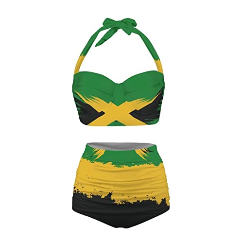 Yuuxorilu Conjunto de Bikini de Dos Piezas de Cintura Alta para Mujer, Bikini de Cintura Alta con Parte Inferior, Bandera de Jamaica Estampada, XL