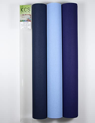 Image of KCS 3 pc of 15 inch x 18 inch Counted Cross Stitch Cotton Aida Cloth Needlework Rolled Fabric Box,14CT,Light Blue+Royal Blue+Navy Blue
