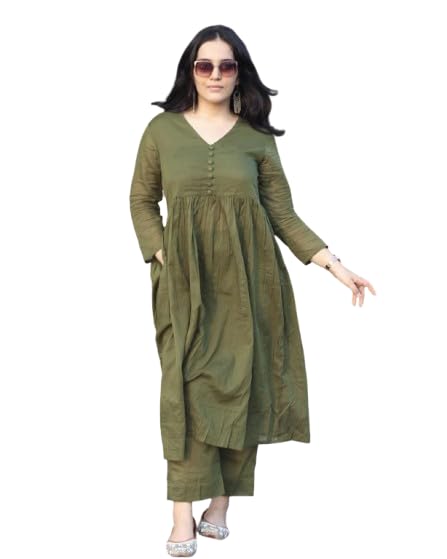 Image of Anarkali Kurta Pant Set for Women Long Flared V-Neck Kurta | Office & Casual Wear | 3 /4 Sleeve | Button Front | Karwa Chauth & Diwali Special Office wear