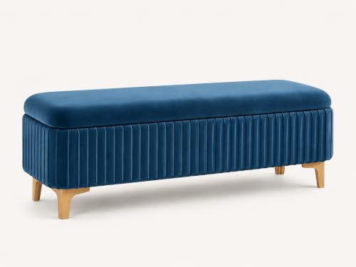 Image of LEGACY OF COMFORT Qwen Velvet Upholstered Flip Top Storage Bench 2 Seater Sofa Upholstered Ottoman Bench with Storage for Living Room, Bedroom (Blue)