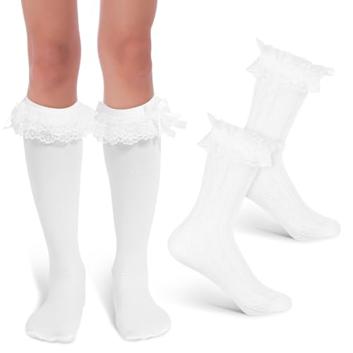 Chaussettes longues en dentelle blanche ornées d'un nœud mignon à volants pour femme