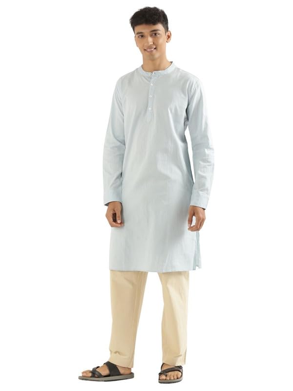 Image of SAADAA Men's Long Kurta - Linen Cotton Blend, Airy Fabric, Regular Fit, Mandarin Collar, Solid Color - Casual, Festive & Ethnic Wear