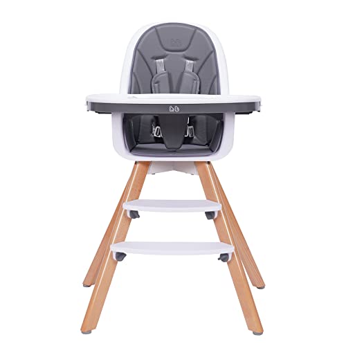 Image of 3-in-1 Baby High Chair, Wooden High Chair/Convertible High Chair/Booster Seat with Double Removable Tray, 5-Point Harness, PU Cushion and Footrest, High Chairs for Babies and Toddlers, Dark Gray