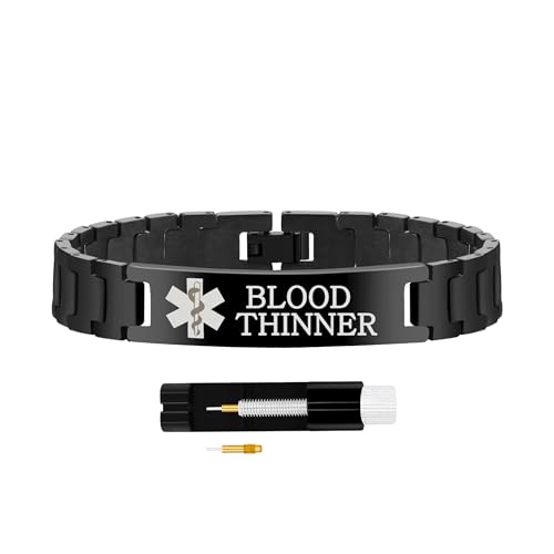 Uloveido Pulsera de identificación médica grabada con diluyente de sangre hombres | Pulsera de alerta de emergencia de acero titanio negro | Pulsera de identificación médica personalizada Y5310