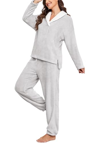 PrinStory Womens Pajamas Winter Soft Fluffy Pajama Set Fuzzy Warm Pjs Flannel 2 Piece Plush Sleepwear Lounge Sets