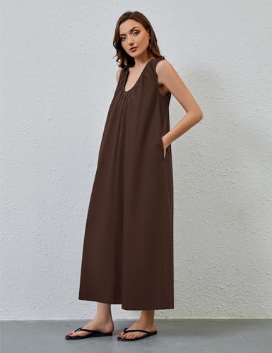 Image of MISSACTIVER Women's Sleeveless Maxi Dress Scoop Neck Ruched Long Dress with Side Pockets Wide Shoulder Elegant Blouse Dresses
