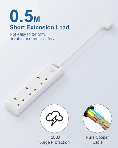 Short Extension Lead, 0.5M Small Extension Cable (13A/3250W), 3 Way Switched Extension Lead, Power Strip, Surge Protector, White - Image 2