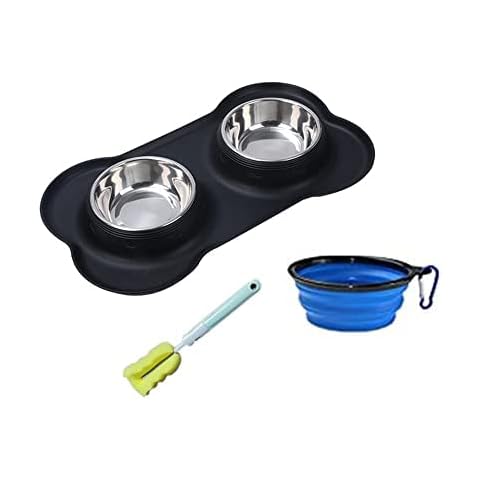 Dog Bowls,Non Slip Stainless Steel Double Bowl with Non-Spill Silicone Mats Tray for Cats Dogs Puppies Food Water Feeding ,With 1 Collapsible Bowl and 1 Washing Brush Cover