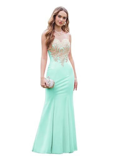 Image of Prom Dress for Women 2025 Gold Lace Applique Long Sheer Illusion Mermaid Formal Dresses Evening Gown