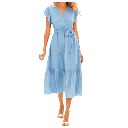 Robe midi d'été col en V qui affine la silhouette avec sa taille haute
