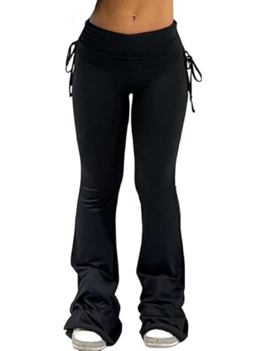 Women's Spring & Fall Solid Drawstring Waist Ruched Flare Leg Pants, Casual Slim Drop Waist Bell Bottom Trousers