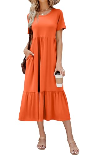Summer Dresses for Women Flowy Maxi Sundress Short Sleeve Tiered Beach Dress with Pockets 2026 Vacation Travel Orange
