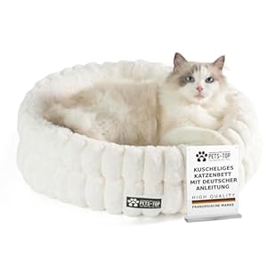 One PETS-TOP Katzenbett Flauschig – Katzenkissen Rund Weich – Cat Bed Waschbar – Schlafplatz für Katze & Kleine Hunde – rutschfest (Weiß, 50cm)