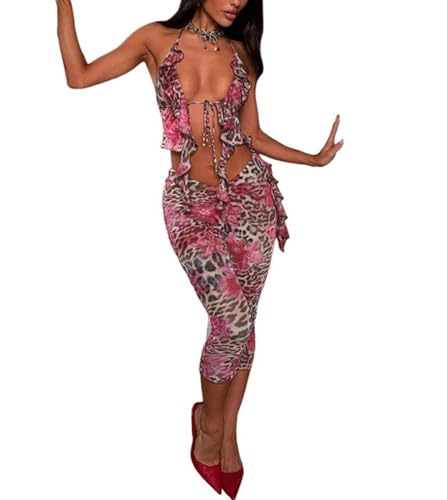 Sexy Two Piece Outfits for Women Leopard Print See Through Halter Tops Bodycon Capri Pants Sets Party Club Outfits